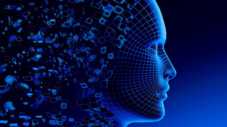Illustration of the profile view of a blue wireframe human head with digital cubes floating away from it