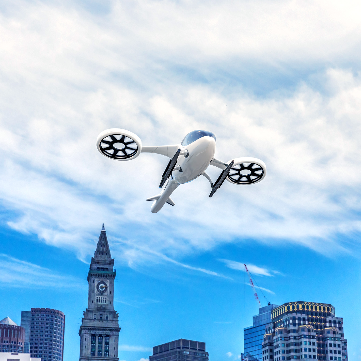 Modern electric ecological eVTOL aircraft from below