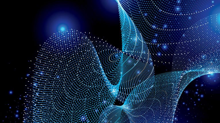 Abstract digital wave with flowing particles on a light abstract blue background.