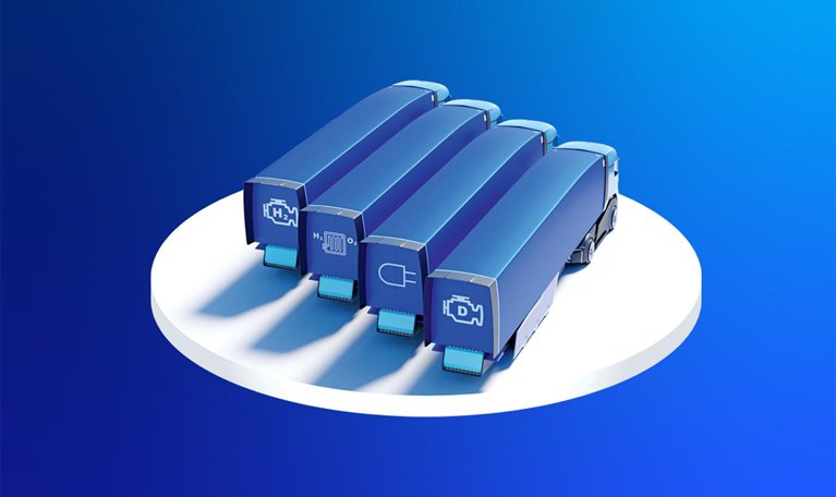 Illustration of parked trucks charging their electric batteries