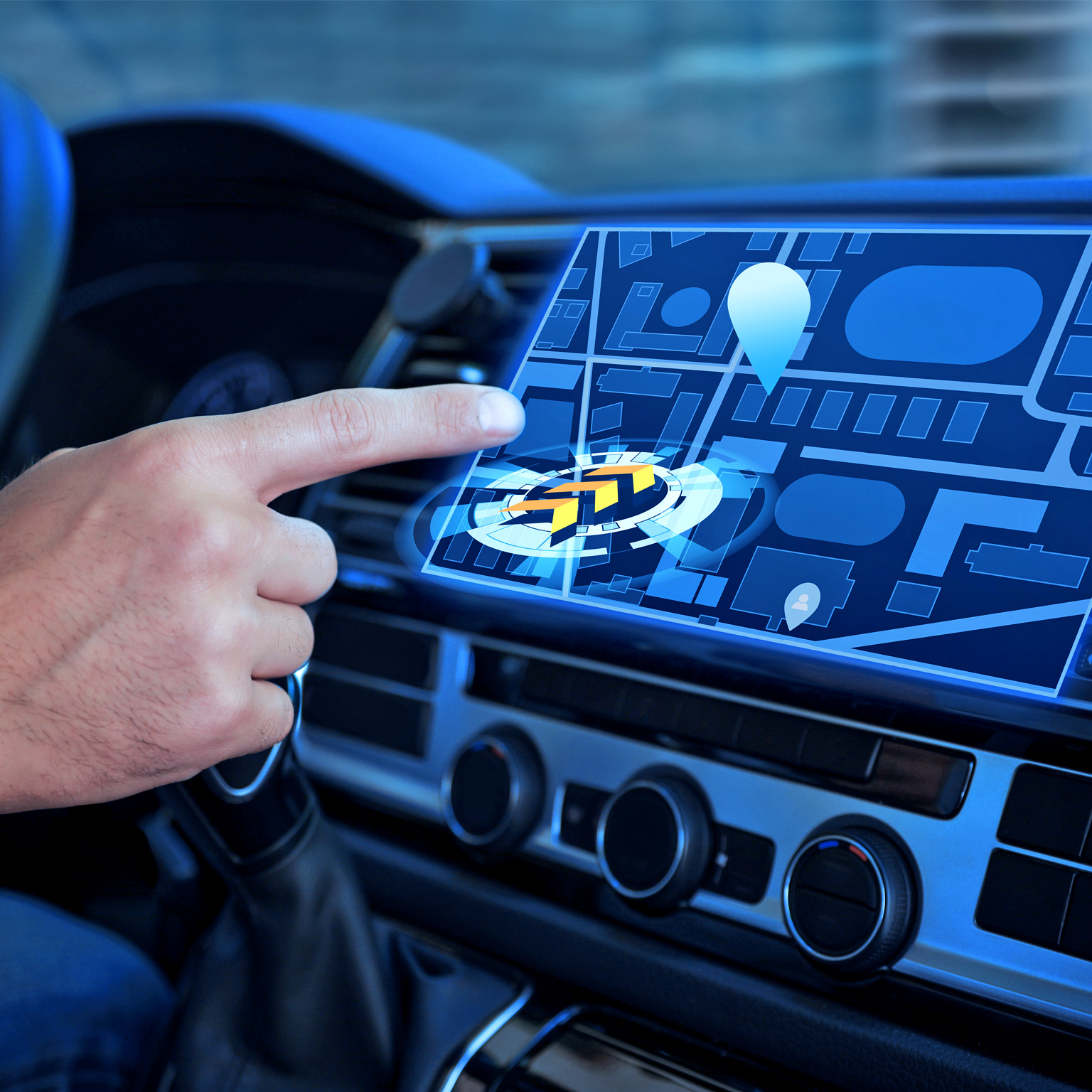 Closeup of a person using a futuristic navigation system while driving a car.