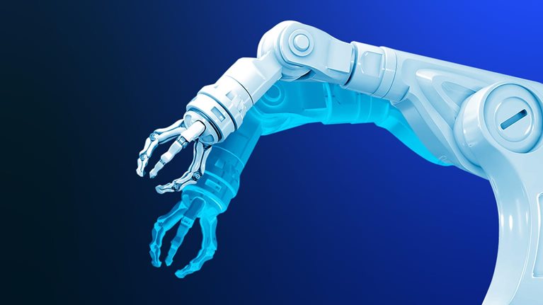 Robotic arm and network with futuristic UI data