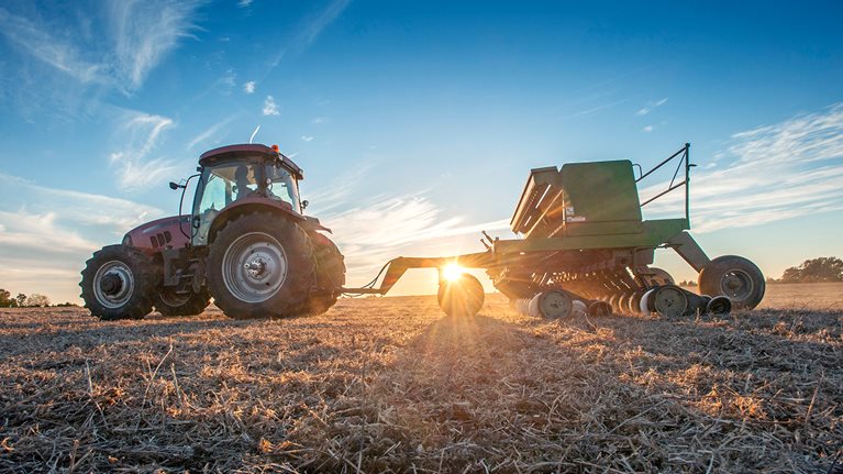 Seeding at sunset. Cover crop planting over soybean stubble in Kent County.