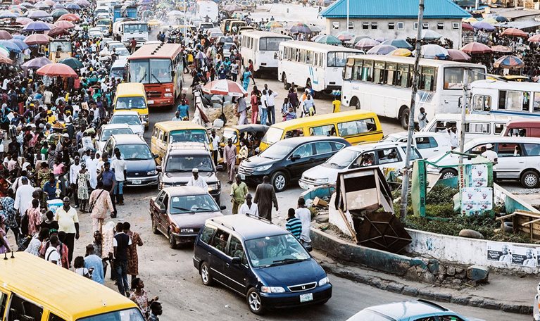 Busy streets of African town.