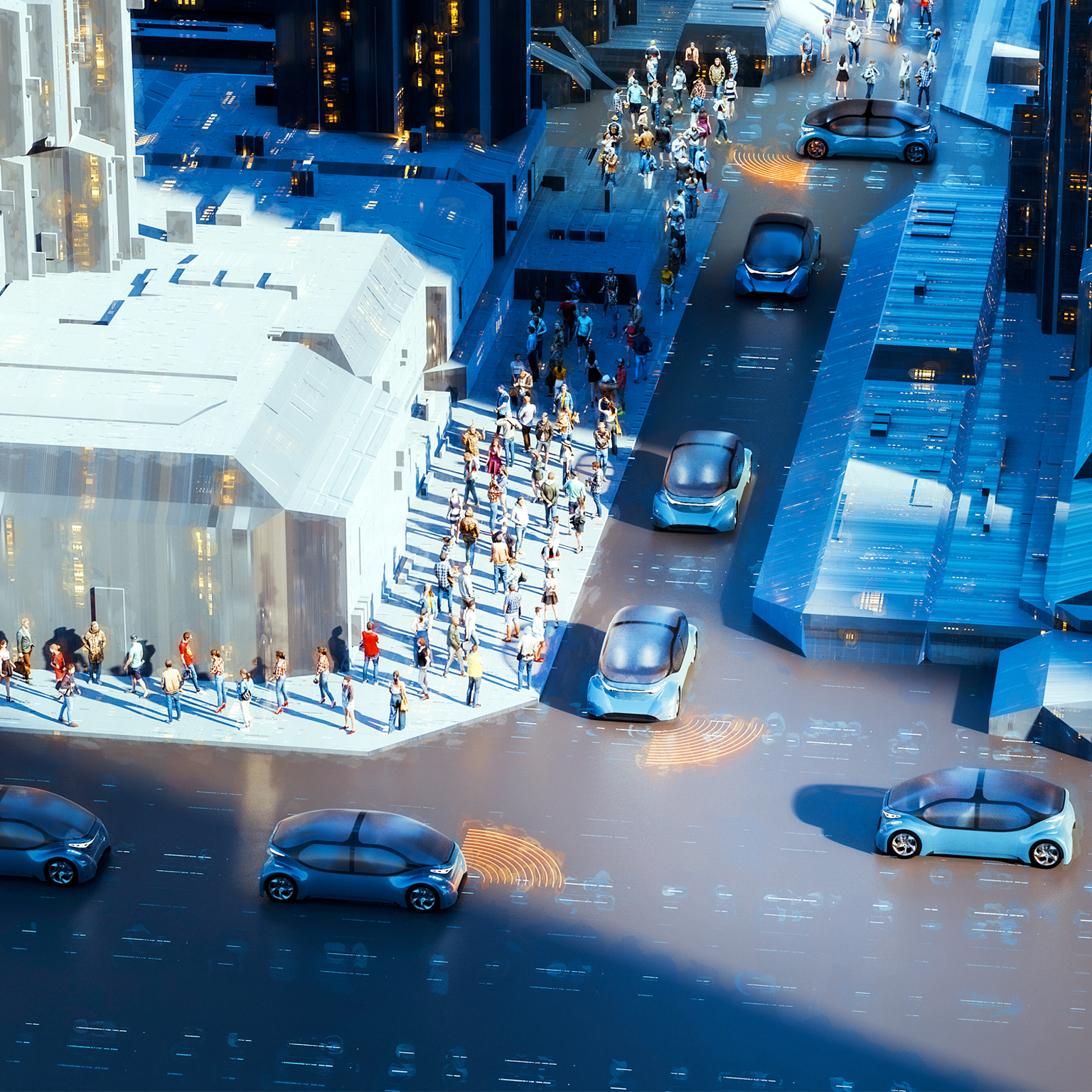 Aerial view of CGI futuristic city