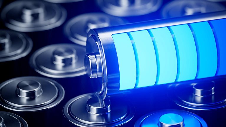 Conceptual image of a battery with blue charge level blocks glowing.