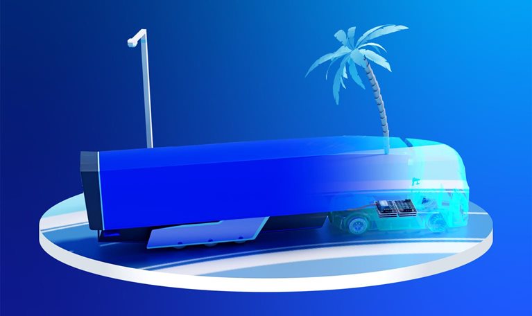 Illustration of truck cruising down road, passing by a palm tree, on the way to a software-centric strategy unlocking new opportunities