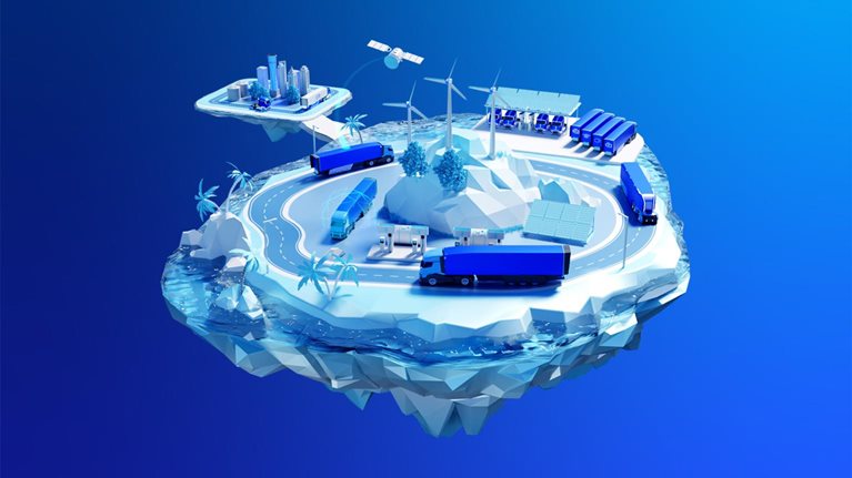 Illustration of trucks traveling around a road powered by various sustainable energy sources