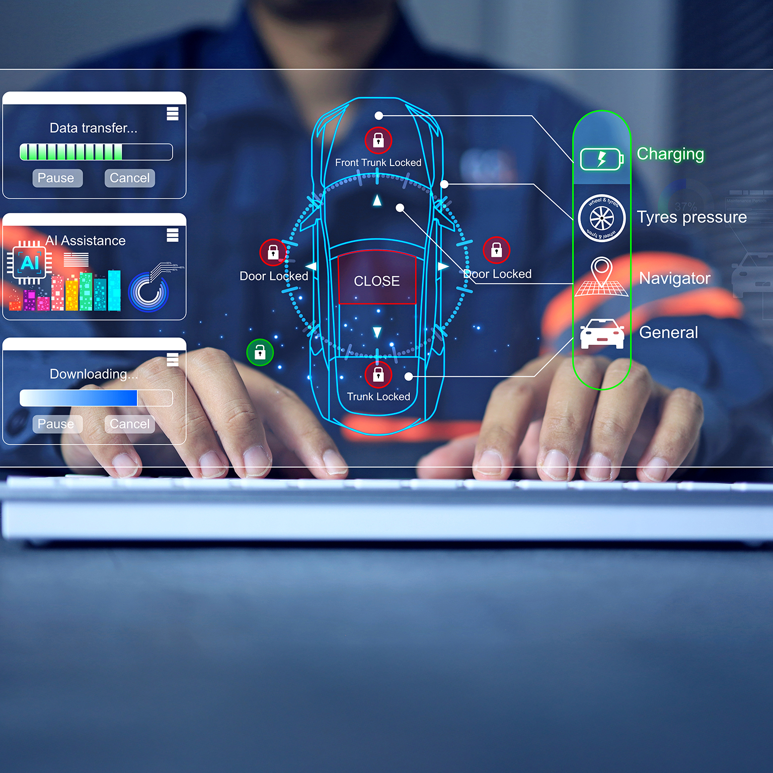 A glass, digital computer screen showing a basic design of an electric car vehicle.  The drawing indicates the user is currently selecting the 'charging' icon