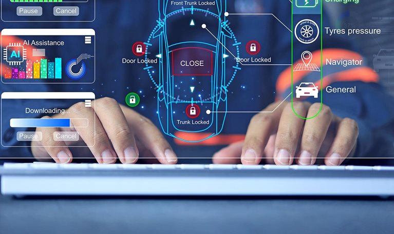A glass, digital computer screen showing a basic design of an electric car vehicle. The drawing indicates the user is currently selecting the 'charging' icon