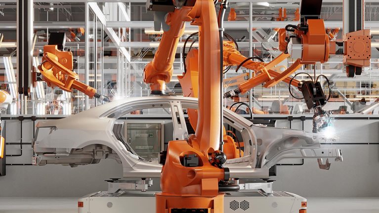 3d render of automatic car production line with robotic arms welding parts - stock photo