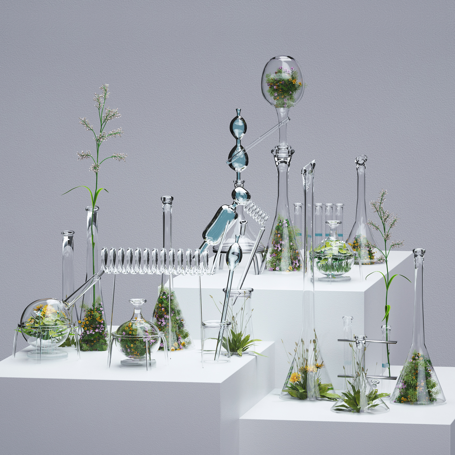 Digital generated image of glass transparent test tubes filled with grass and flowers standing on grey cube against grey background