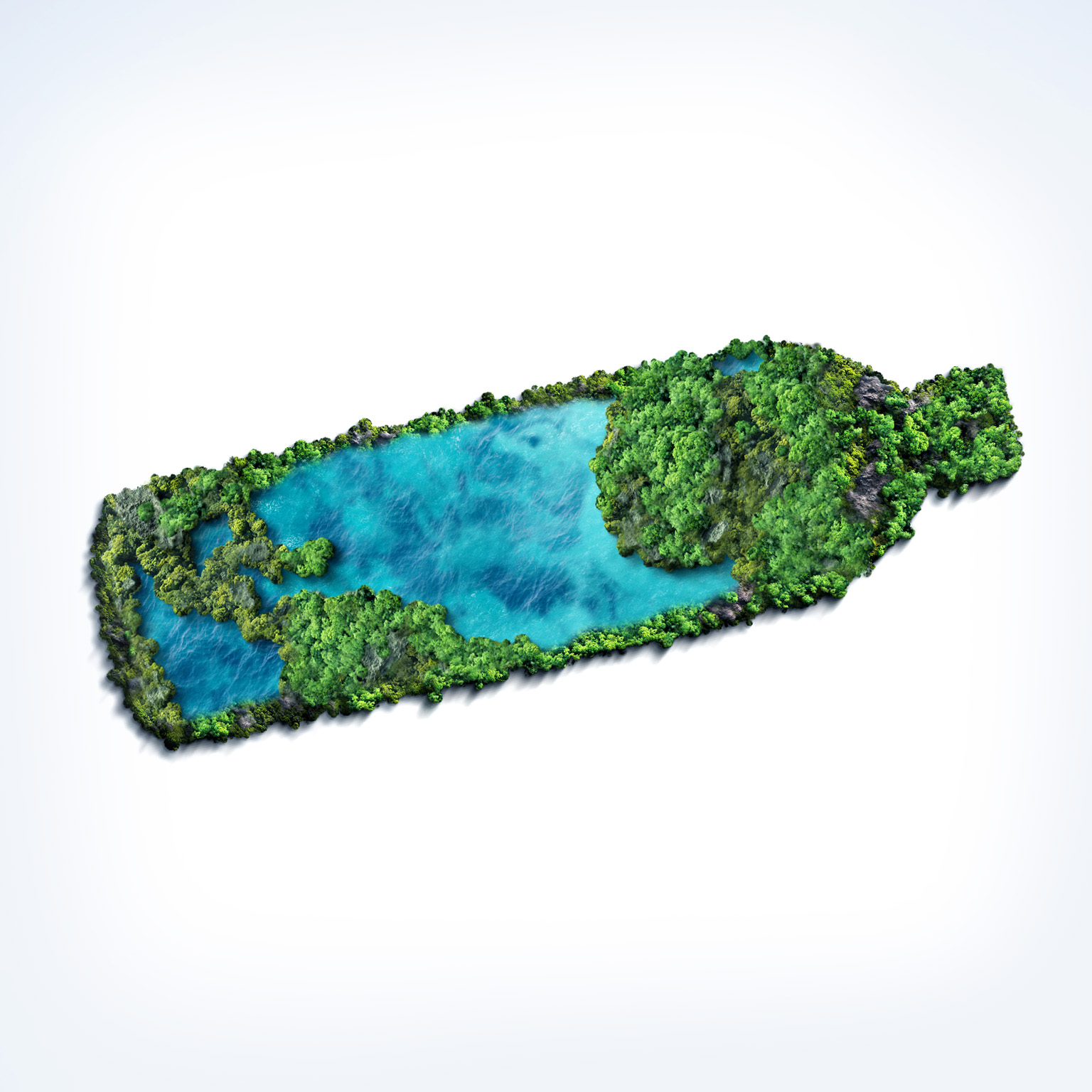 Green cover and blue waters in the shape of a bottle