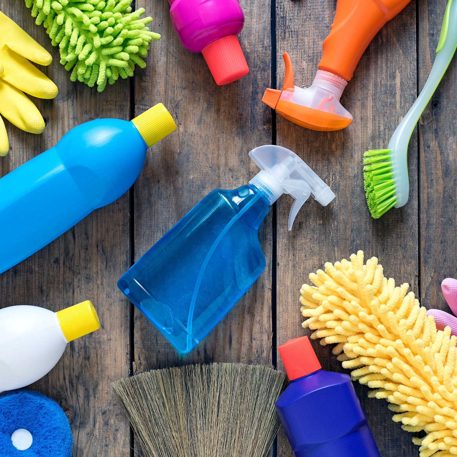 Close-up of small house cleaning supplies
