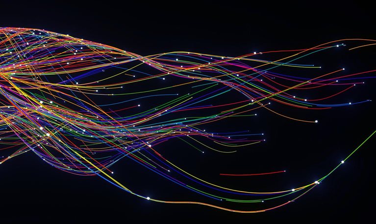 Digital generated image of abstract flowing data made out of numbers and glowing turbulent multi coloured splines on black background.