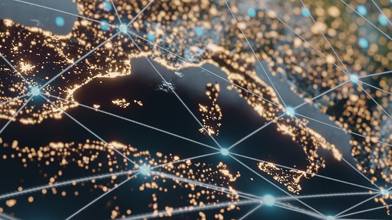 Planet earth at night showing global digital connections