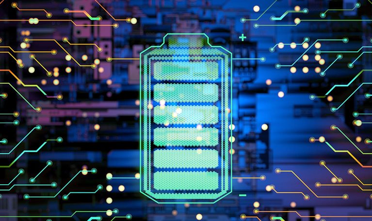 Battery supply concept. Illustration of digital battery being charged by network.