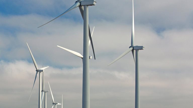 Part of the Pehachapi Pass wind farm, the first large scale wind farm area developed in the US, California, USA, at sunrise