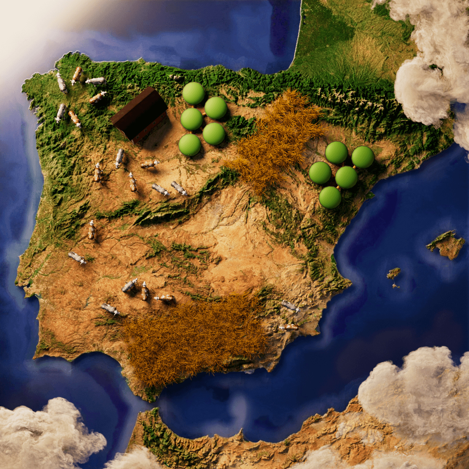 Illustrated aerial map of Iberian peninsula with renewable energy options.