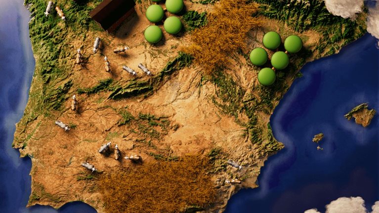 Illustrated aerial map of Iberian peninsula with renewable energy options.