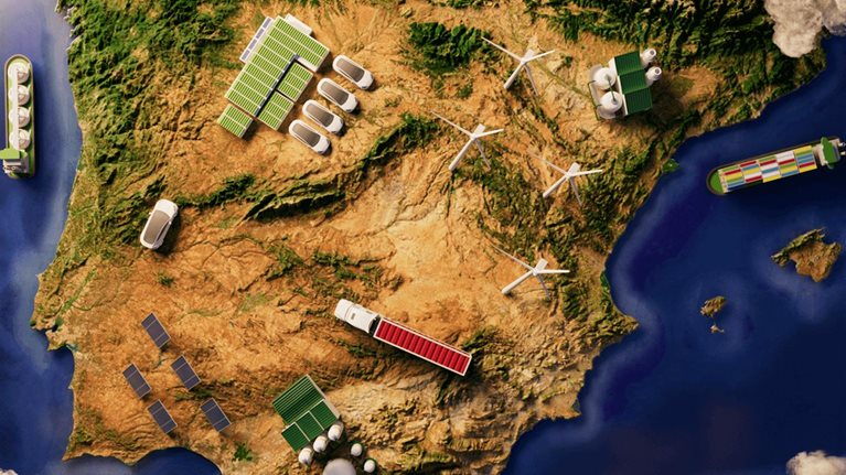 Illustrated overhead map of Iberian peninsula with renewable energy options dotting the landscape.