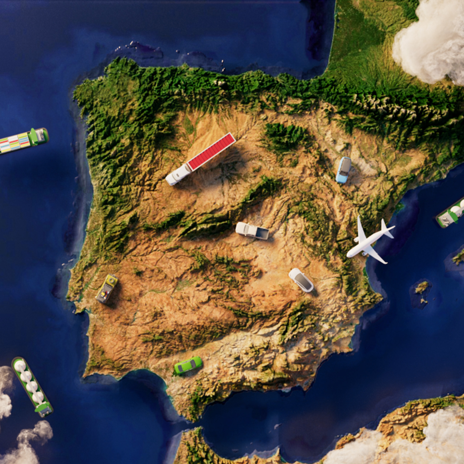 Aerial view of Iberian Peninsula highlighting sustainable fuel options. Illustration