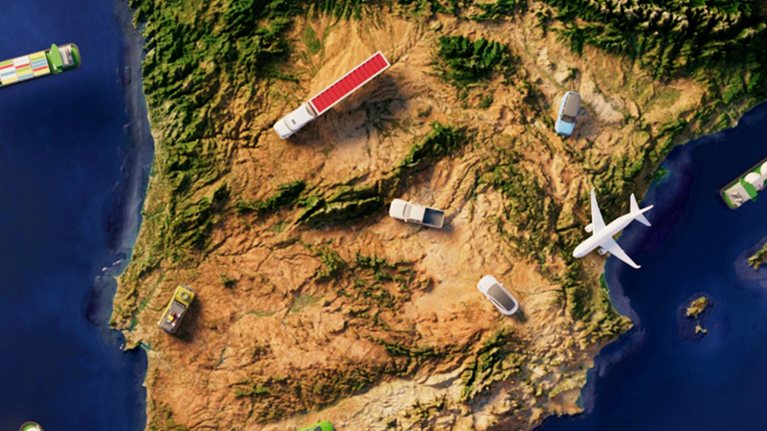 Aerial view of Iberian Peninsula highlighting sustainable fuel options. Illustration