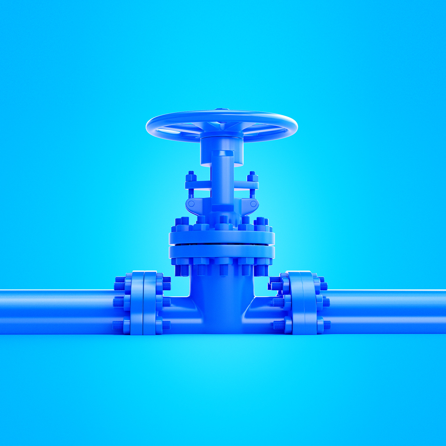 An image of a blue industrial valve that is centrally positioned on a blue pipeline against a matching blue background.