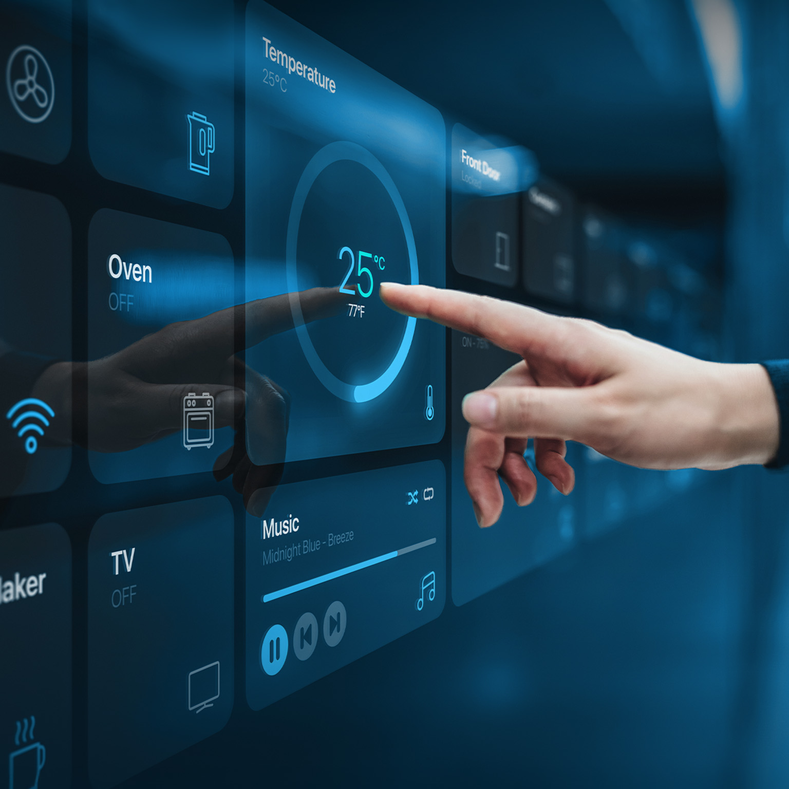 Close up of woman's hand setting up intelligent home system, controlling smart home appliances with control panel of a smart home.