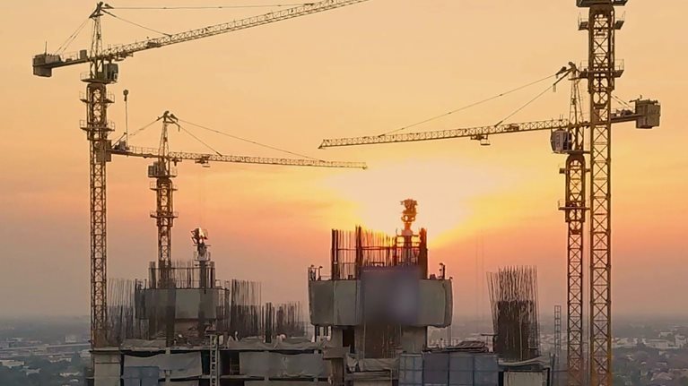 Aerial Sunset View shot of Construction Site