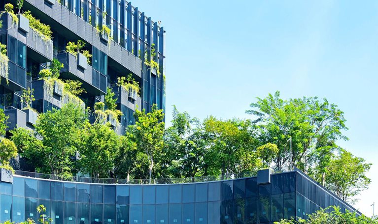 Modern green building with innovative high rise garden