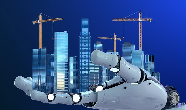 3d rendering of a humanoid robot hand holding a modern cityscape with construction scaffolding