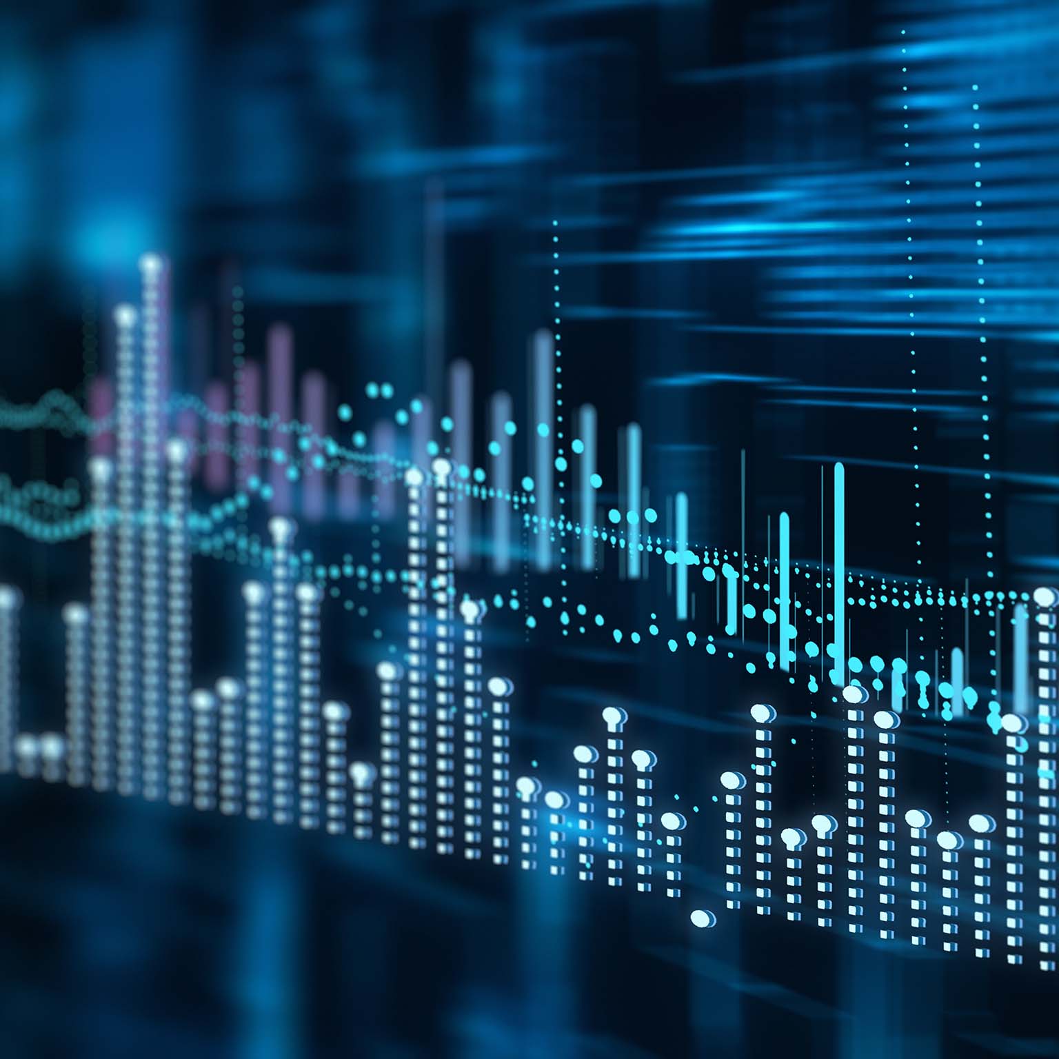 Abstract digital background with glowing graphs, bar charts, and data flow streams. Represents big data, financial analytics, artificial intelligence, blockchain, stock market, and machine learning.