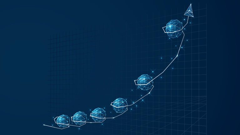 Abstract modern background depicting a growth chart composed of stars and lines, resembling a line chart. The chart is set against a blue background.