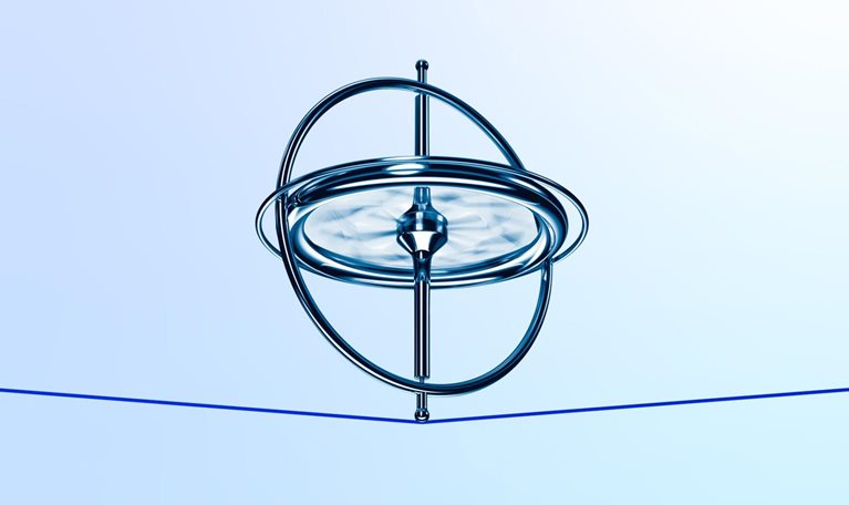 A metallic gyroscope spins on a thin red tread which bends slightly from the weight. The scene is set against a soft blue and white gradient background.