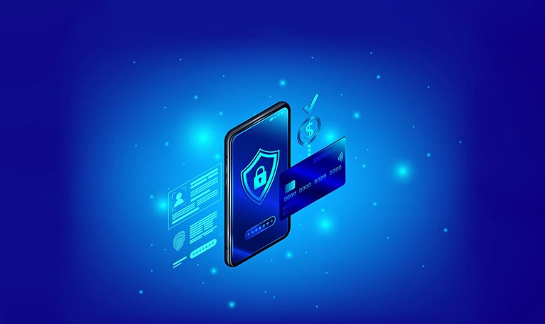 A blue-lit digital illustration showing a smartphone with a shield icon on its screen. Next to the phone is a credit card, a dollar sign, and other symbols suggesting secure payment systems.