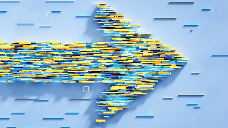 Abstract 3D image of numerous rectangles coming together to form an arrow.