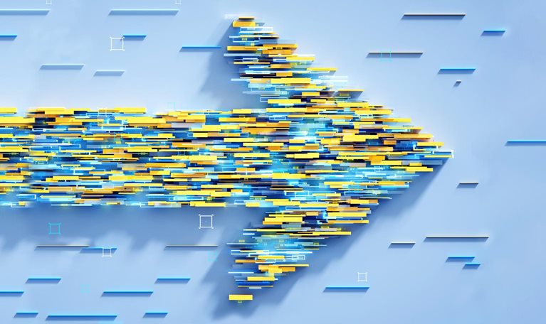 Abstract 3D image of numerous rectangles coming together to form an arrow.