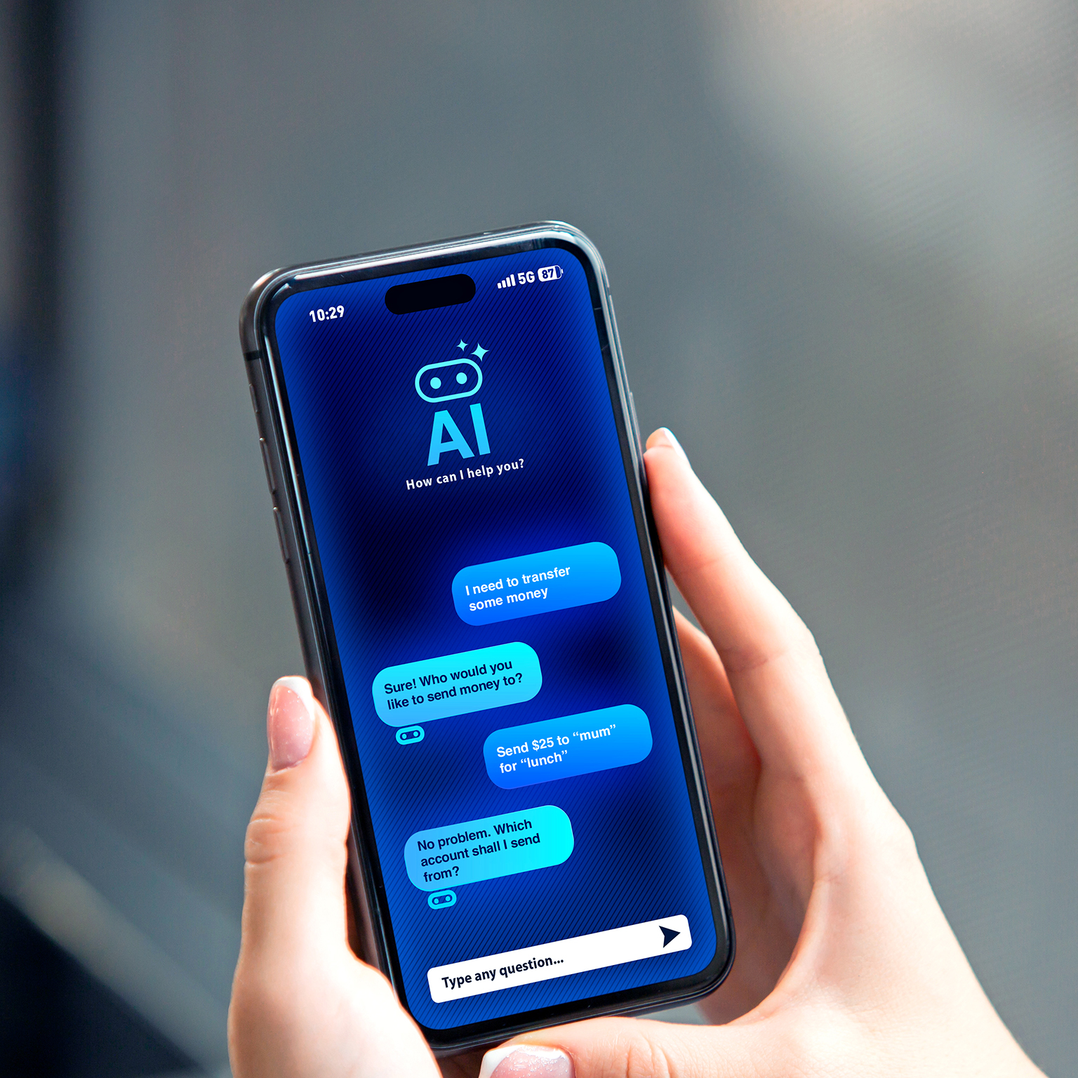 Image alt text: Young Woman Using AI Chat-bot Assistant on Smartphone
