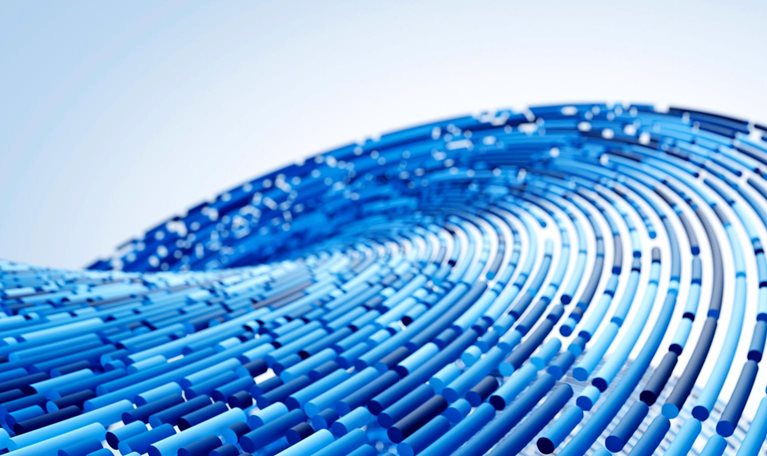 Abstract wave of interconnected blue lines and cylinders curving across a light background.