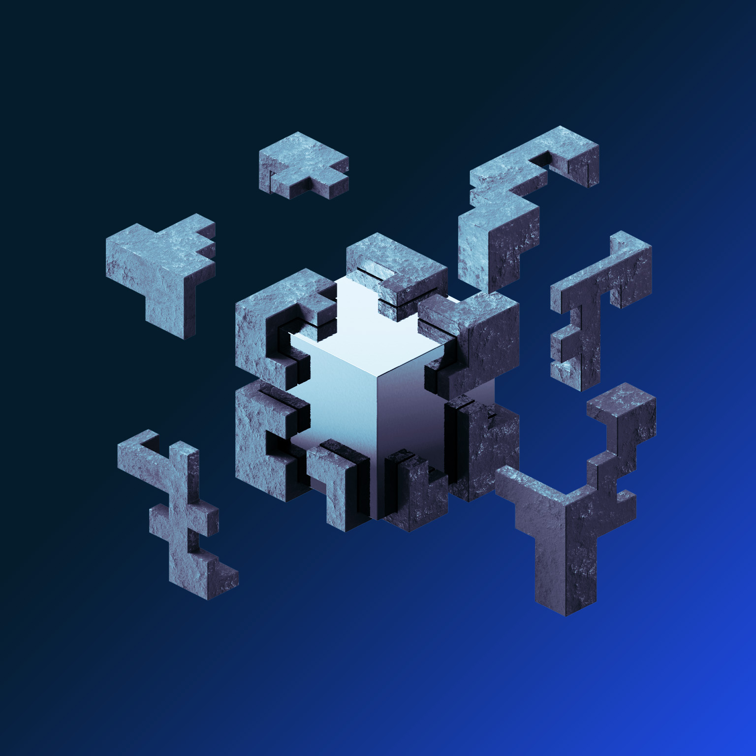 Shiny cube in concrete cover that is breaking away in clean blocks 