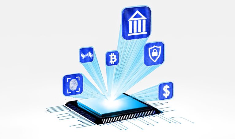 A glowing microchip sits at the center, emitting beams of light that project floating blue icons including a bank, bitcoin, fingerprint, shield, and dollar symbol. The scene has a futuristic, minimal aesthetic with a soft gray background and clean digital styling.