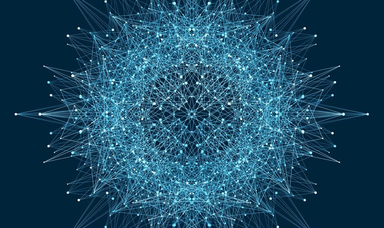 Abstract graphic of lines and dots intersecting in a circular shape.