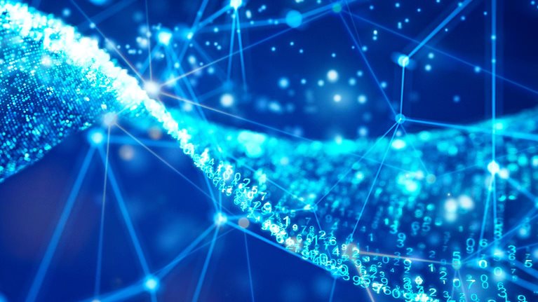 Glowing particle data and wire mesh network.