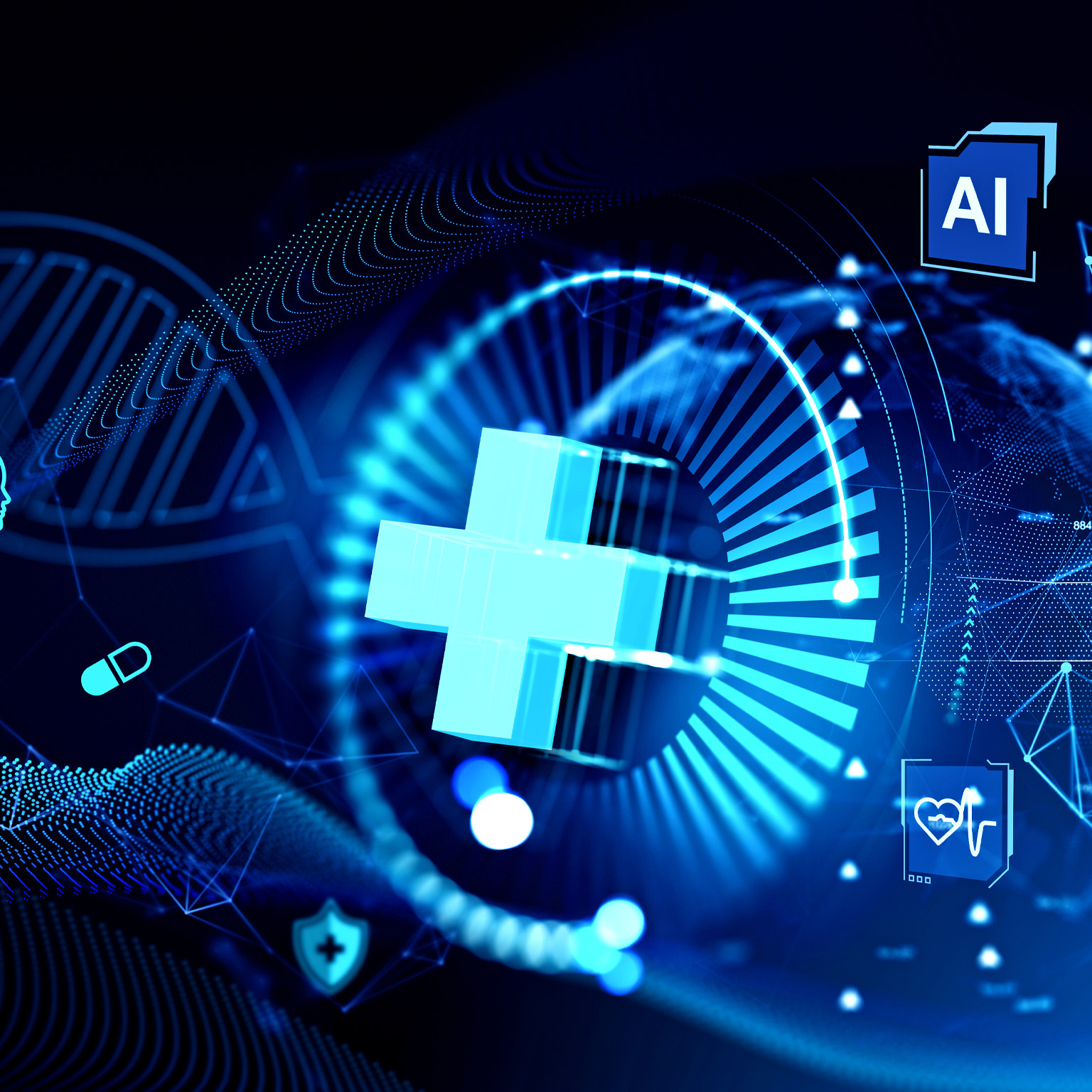 In the middle of the picture, there is a bright healthcare cross that is surrounded by medical and artificial intelligence symbols against a dark blue background.