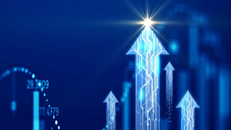Abstract chart with rising arrows and data lines on a blue background.