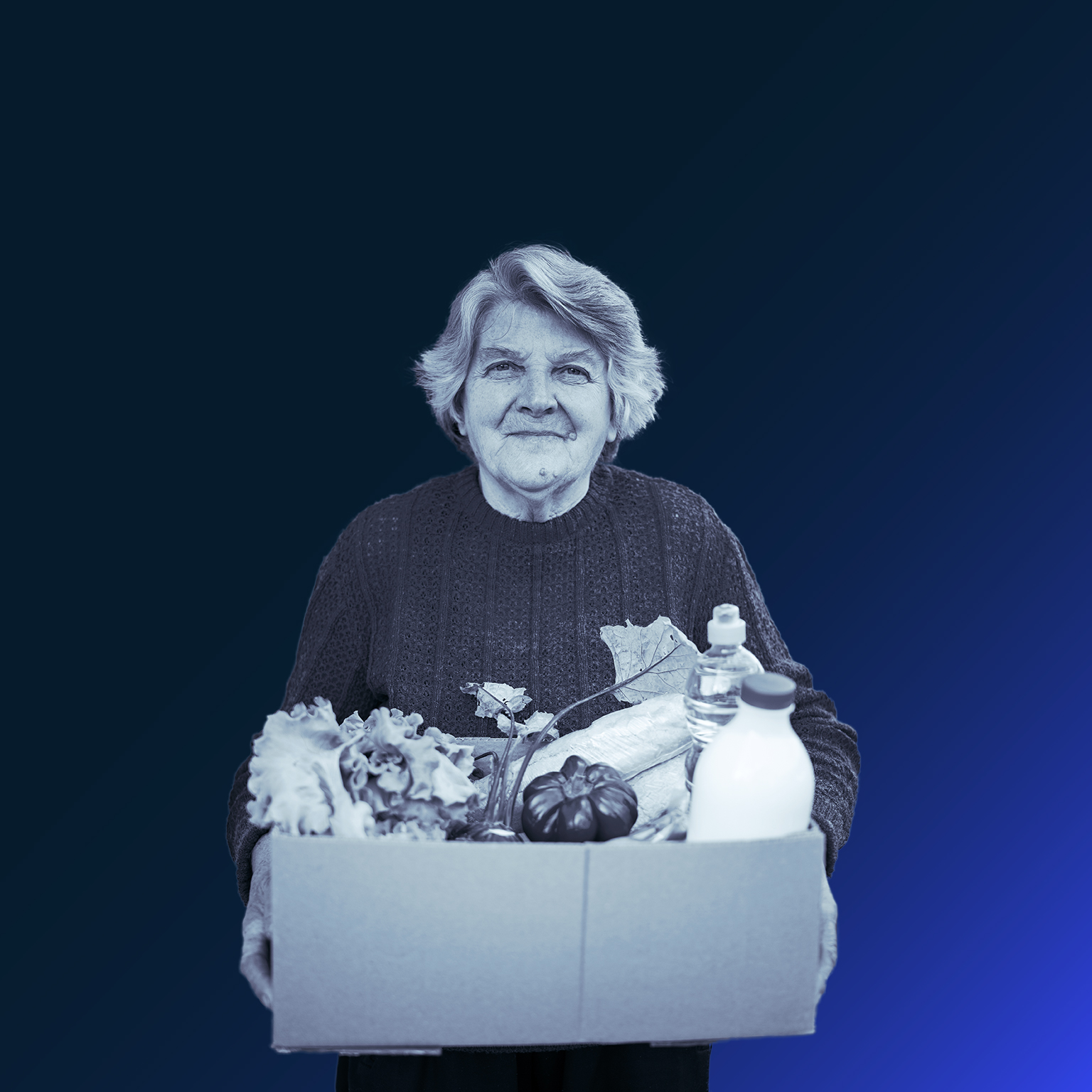 stylized photo of older woman holding box of supplies