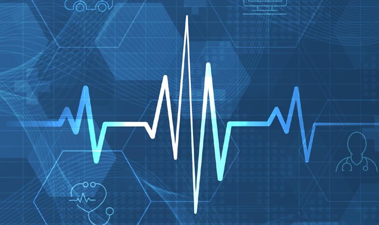 Heart pulse and heartbeat against digital healthcare background.