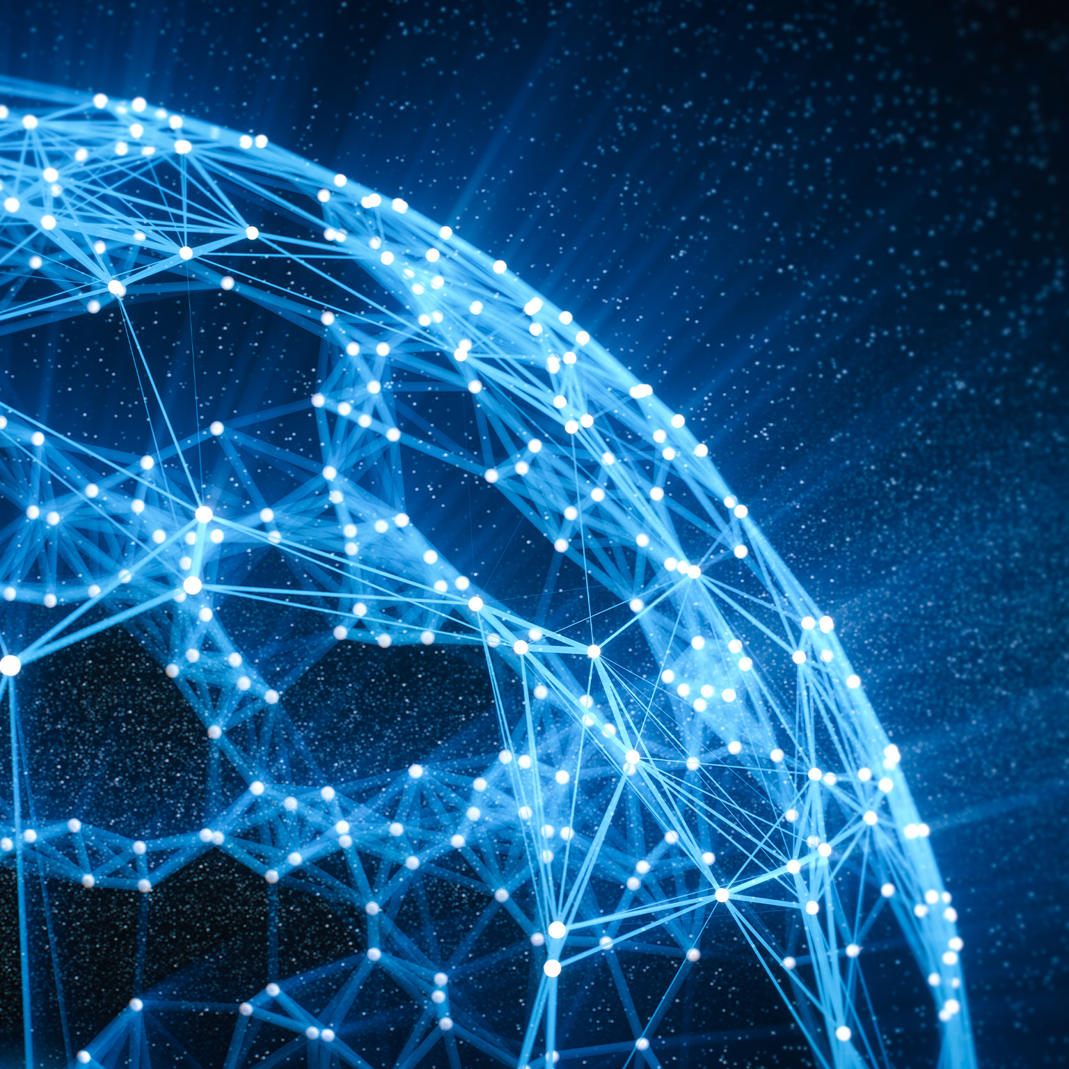 Outline of abstract global network--illuminated lines connected by glowing lines--against stars representing technology in the background. - stock photo