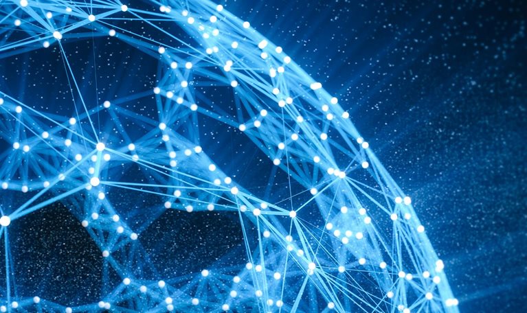 Outline of abstract global network--illuminated lines connected by glowing lines--against stars representing technology in the background. - stock photo